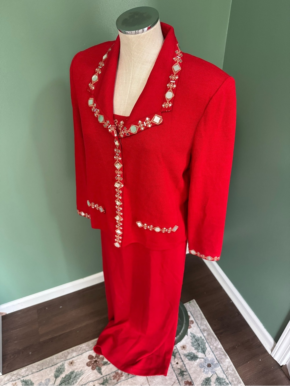 Vintage St.John’s Women's Red Embellished Two-Piece Skirt Suit